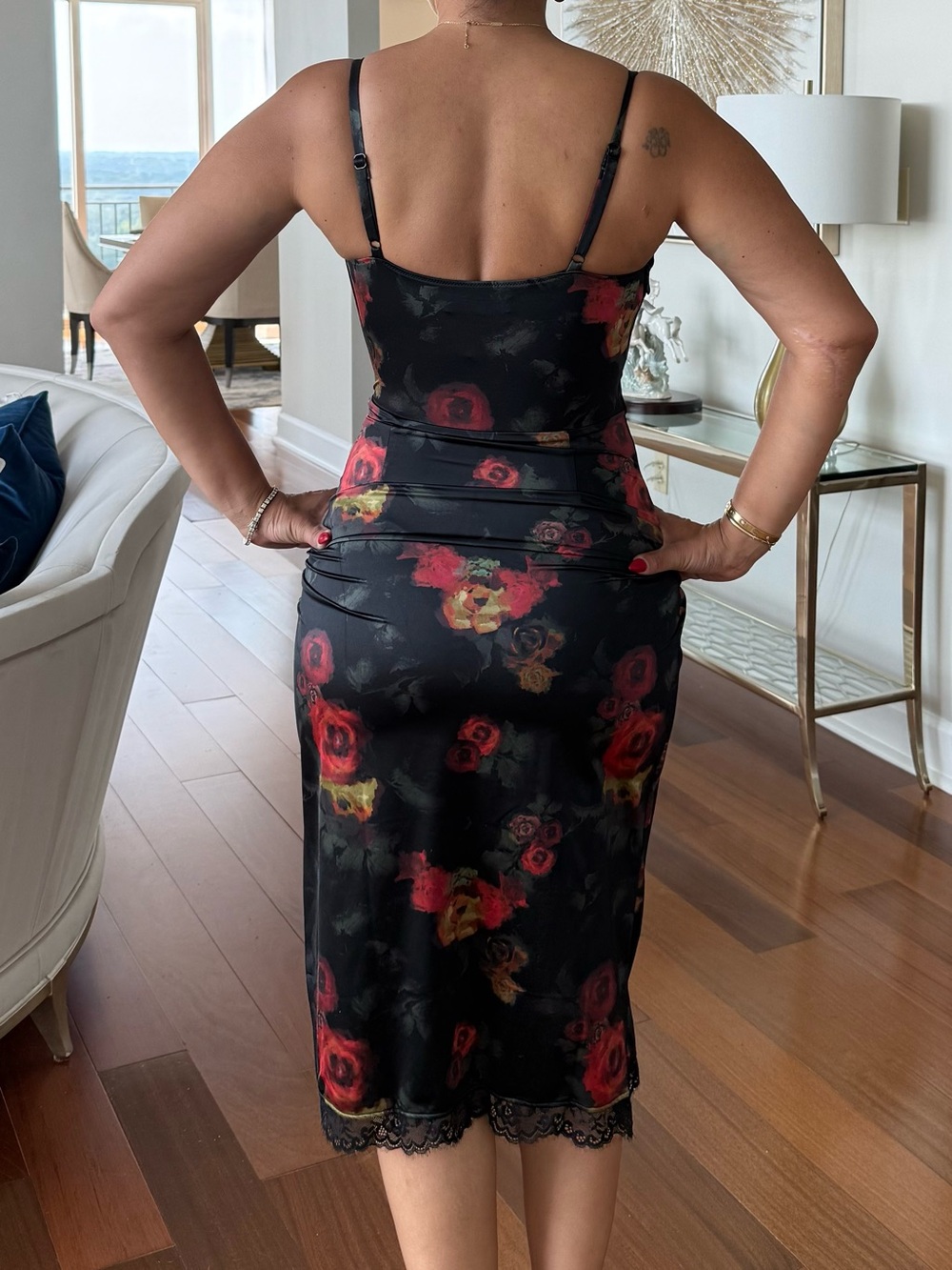 Cowl Neck Floral Midi Dress in Black with Red Accents - Picture 2 of 2